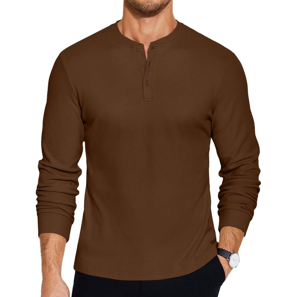 imageCOOFANDY Mens Henley TShirts Long Sleeve Pullover Shirt Casual Heavyweight Button Shirts Basic TeesBrown