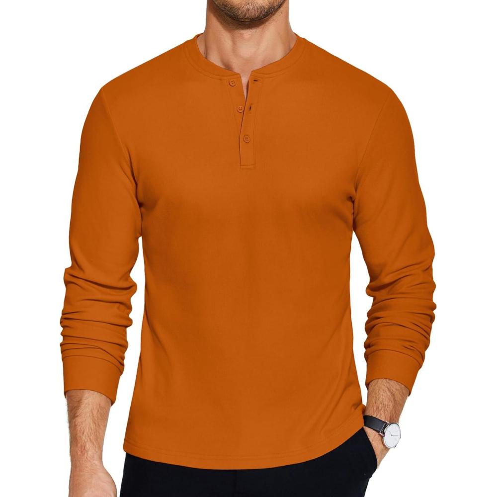 imageCOOFANDY Mens Henley TShirts Long Sleeve Pullover Shirt Casual Heavyweight Button Shirts Basic TeesCaramel