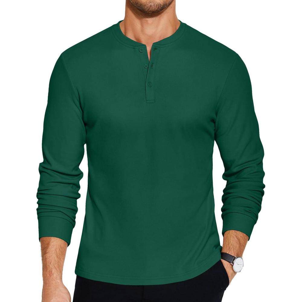 imageCOOFANDY Mens Henley TShirts Long Sleeve Pullover Shirt Casual Heavyweight Button Shirts Basic TeesDark Green