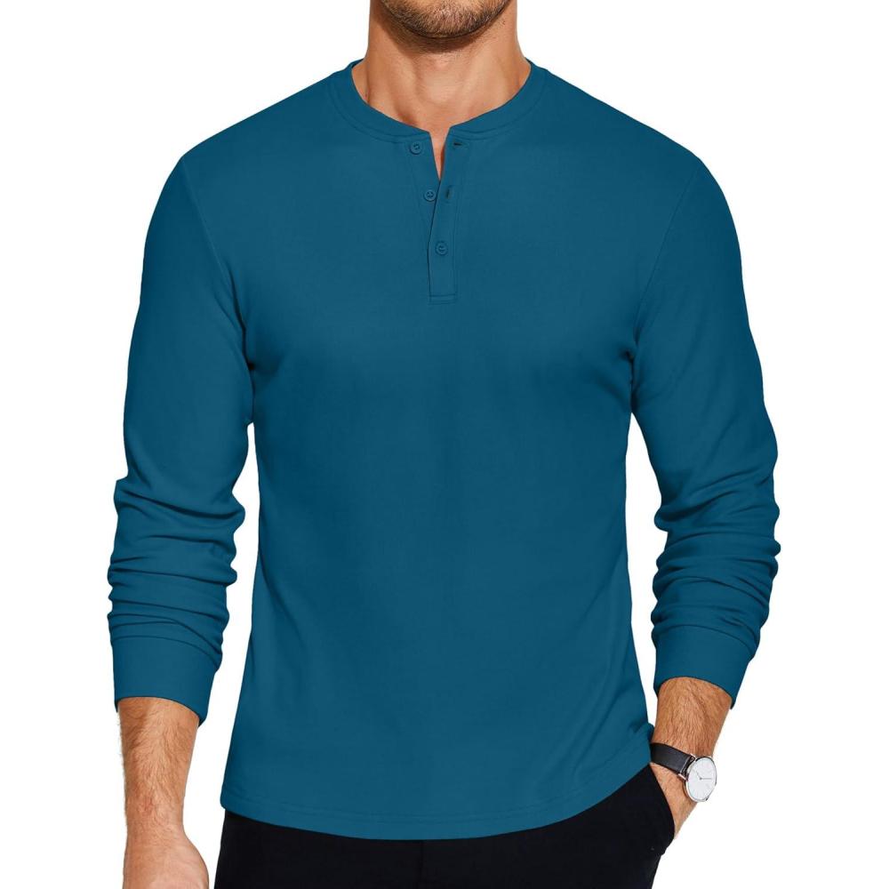 imageCOOFANDY Mens Henley TShirts Long Sleeve Pullover Shirt Casual Heavyweight Button Shirts Basic TeesDenim Blue