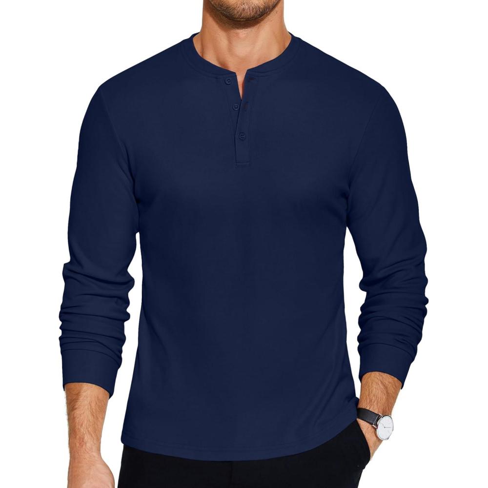 imageCOOFANDY Mens Henley TShirts Long Sleeve Pullover Shirt Casual Heavyweight Button Shirts Basic TeesNavy Blue