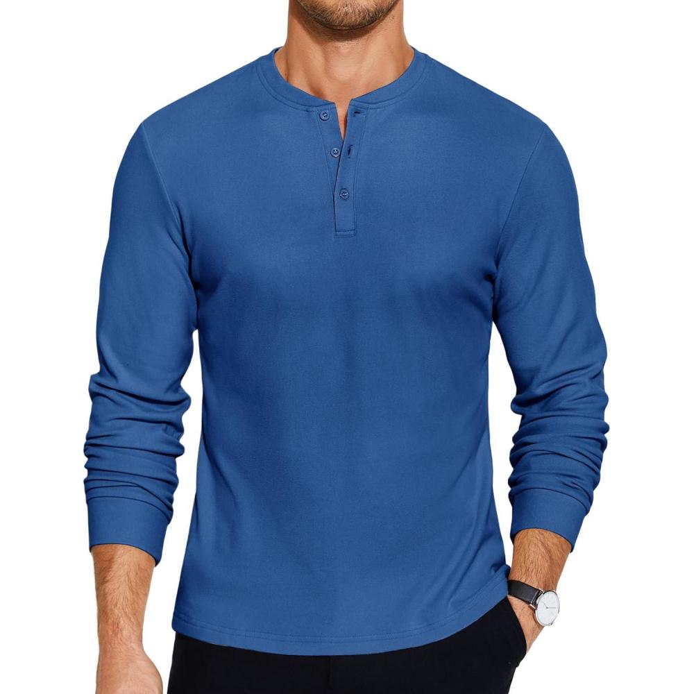 imageCOOFANDY Mens Henley TShirts Long Sleeve Pullover Shirt Casual Heavyweight Button Shirts Basic TeesRoyal Blue