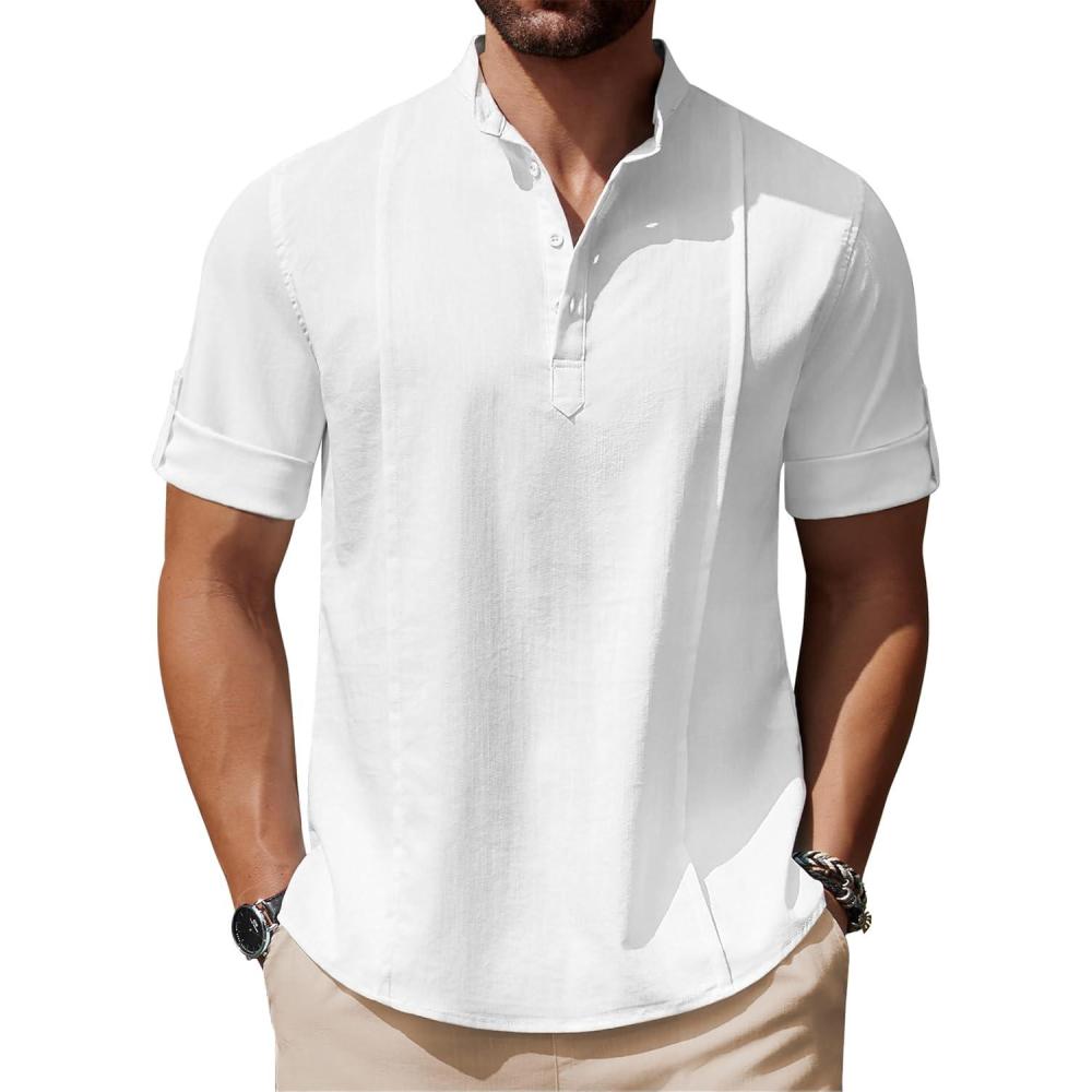 imageCOOFANDY Mens Henley TShirts Short Sleeve Casual Button Henley Shirts Band Collar Tee Summer Beach Hippie ShirtsAll White