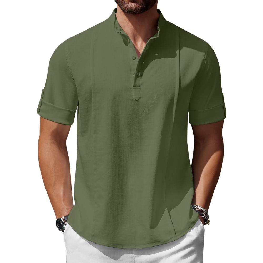 imageCOOFANDY Mens Henley TShirts Short Sleeve Casual Button Henley Shirts Band Collar Tee Summer Beach Hippie ShirtsArmy Green