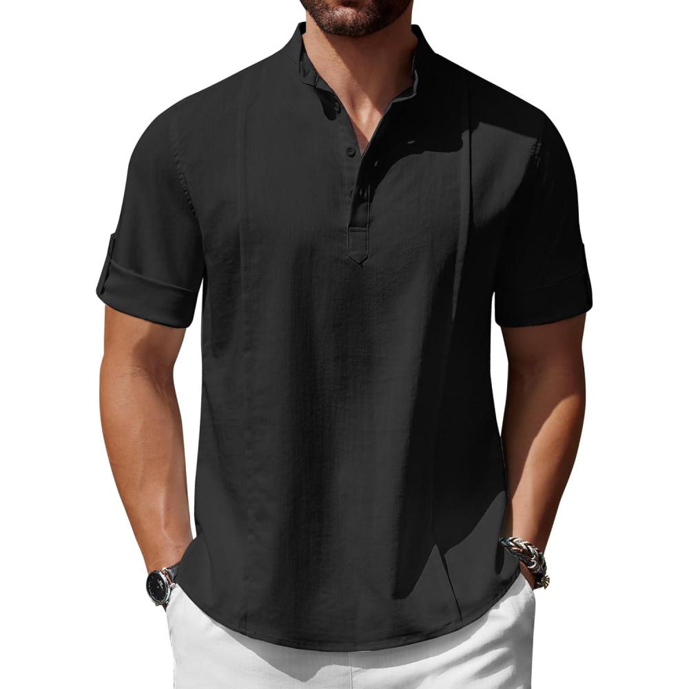 imageCOOFANDY Mens Henley TShirts Short Sleeve Casual Button Henley Shirts Band Collar Tee Summer Beach Hippie ShirtsBlack