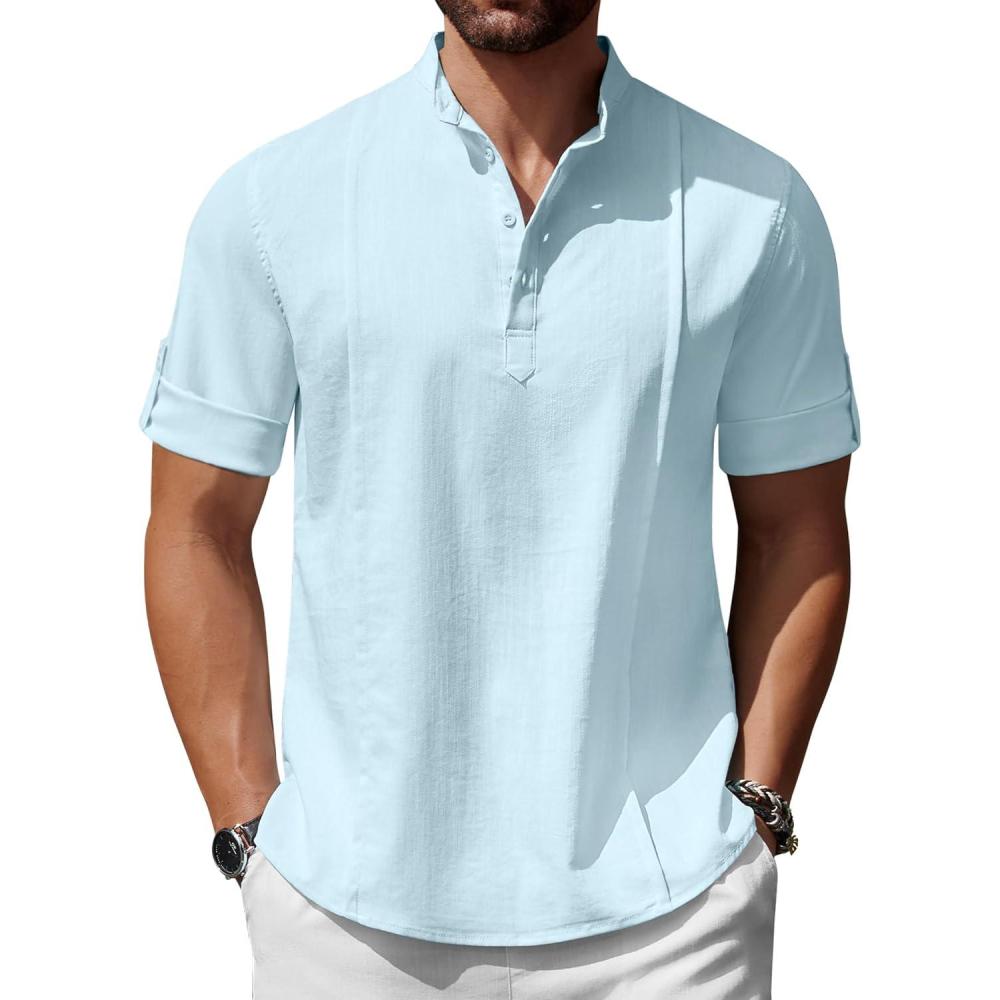 imageCOOFANDY Mens Henley TShirts Short Sleeve Casual Button Henley Shirts Band Collar Tee Summer Beach Hippie ShirtsBlue