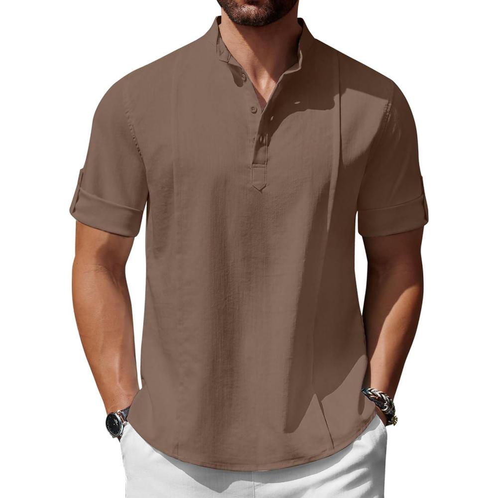 imageCOOFANDY Mens Henley TShirts Short Sleeve Casual Button Henley Shirts Band Collar Tee Summer Beach Hippie ShirtsBrown