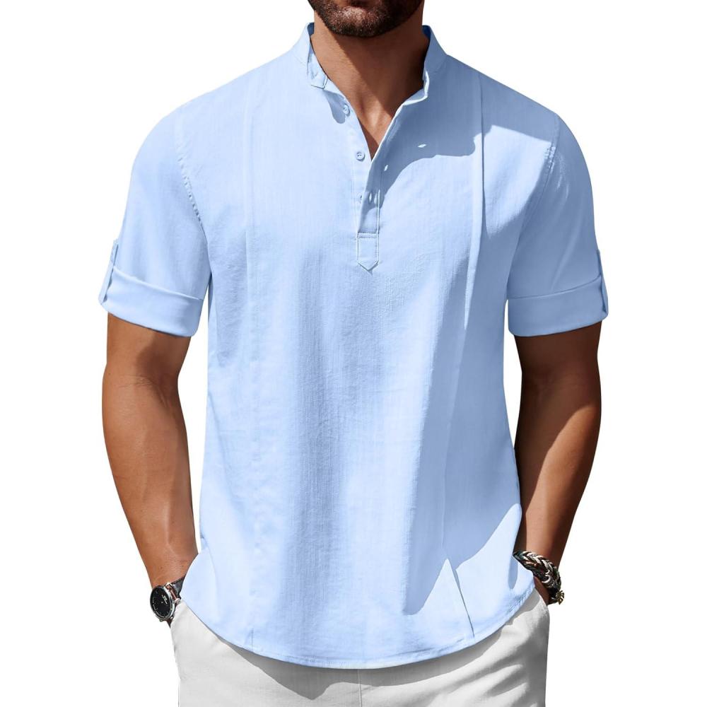 imageCOOFANDY Mens Henley TShirts Short Sleeve Casual Button Henley Shirts Band Collar Tee Summer Beach Hippie ShirtsLight Blue