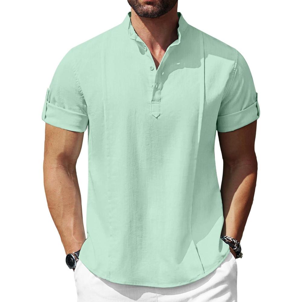 imageCOOFANDY Mens Henley TShirts Short Sleeve Casual Button Henley Shirts Band Collar Tee Summer Beach Hippie ShirtsLight Green