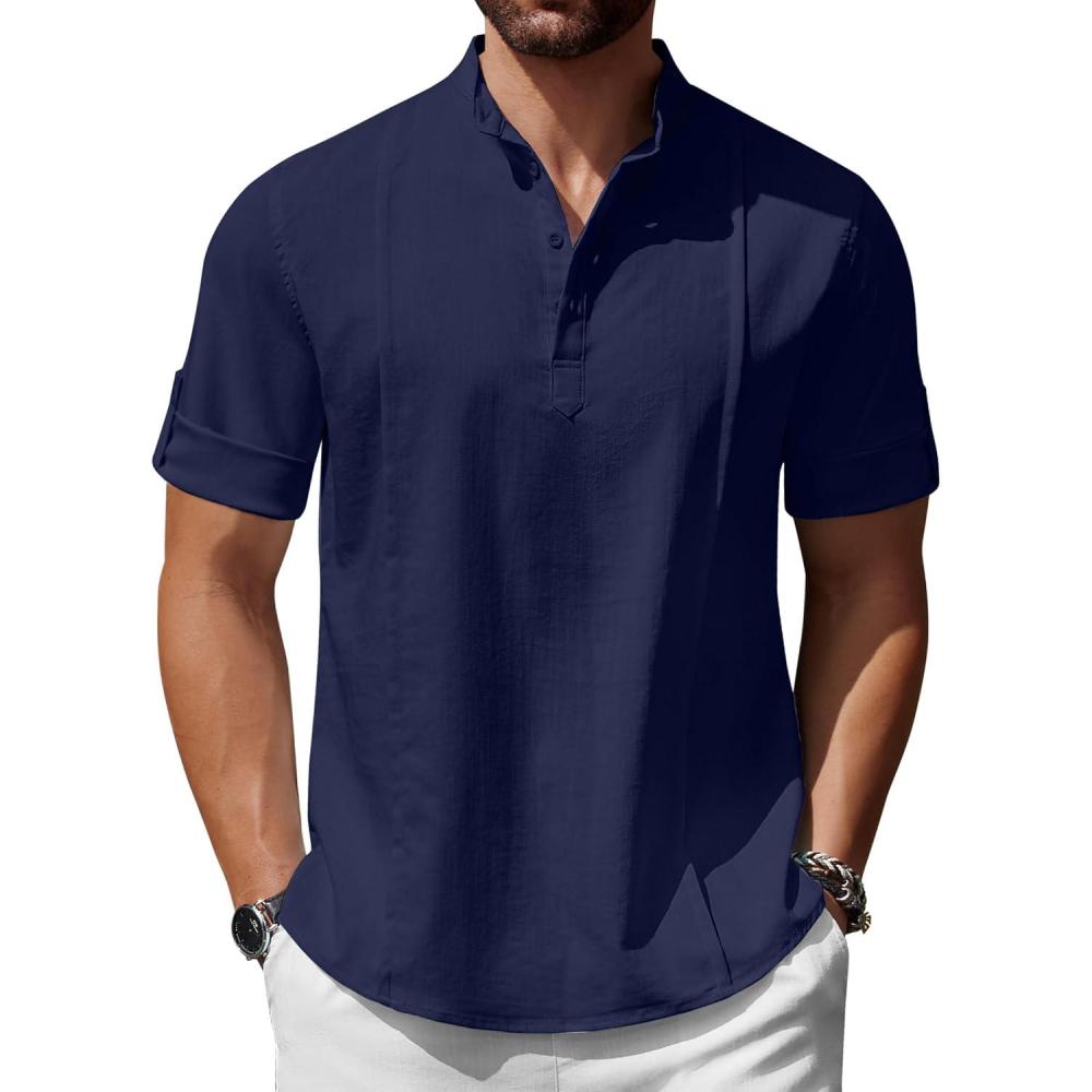 imageCOOFANDY Mens Henley TShirts Short Sleeve Casual Button Henley Shirts Band Collar Tee Summer Beach Hippie ShirtsNavy Blue