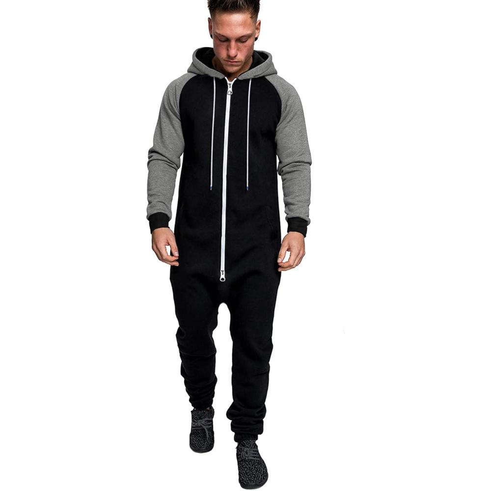 imageCOOFANDY Mens Jumpsuit Onesie Rompers Drawstring Hooded Full Zip One Piece Tracksuit with PocketsBlack  Grey
