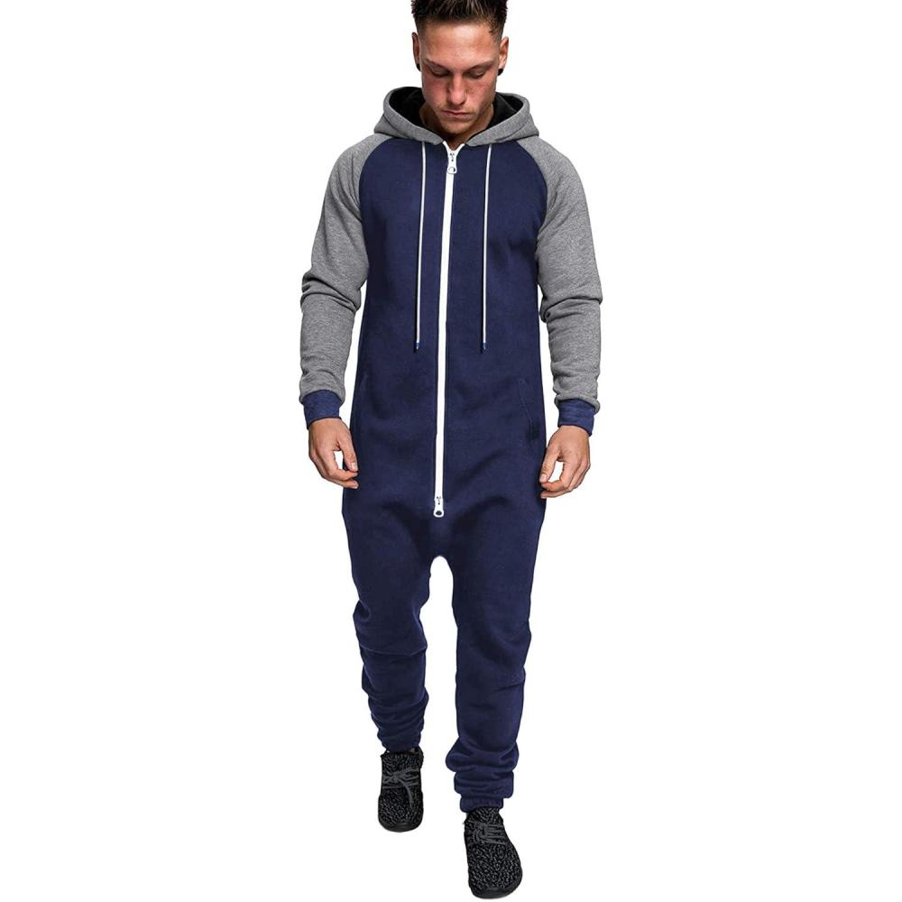 imageCOOFANDY Mens Jumpsuit Onesie Rompers Drawstring Hooded Full Zip One Piece Tracksuit with PocketsNavy Blue  Grey