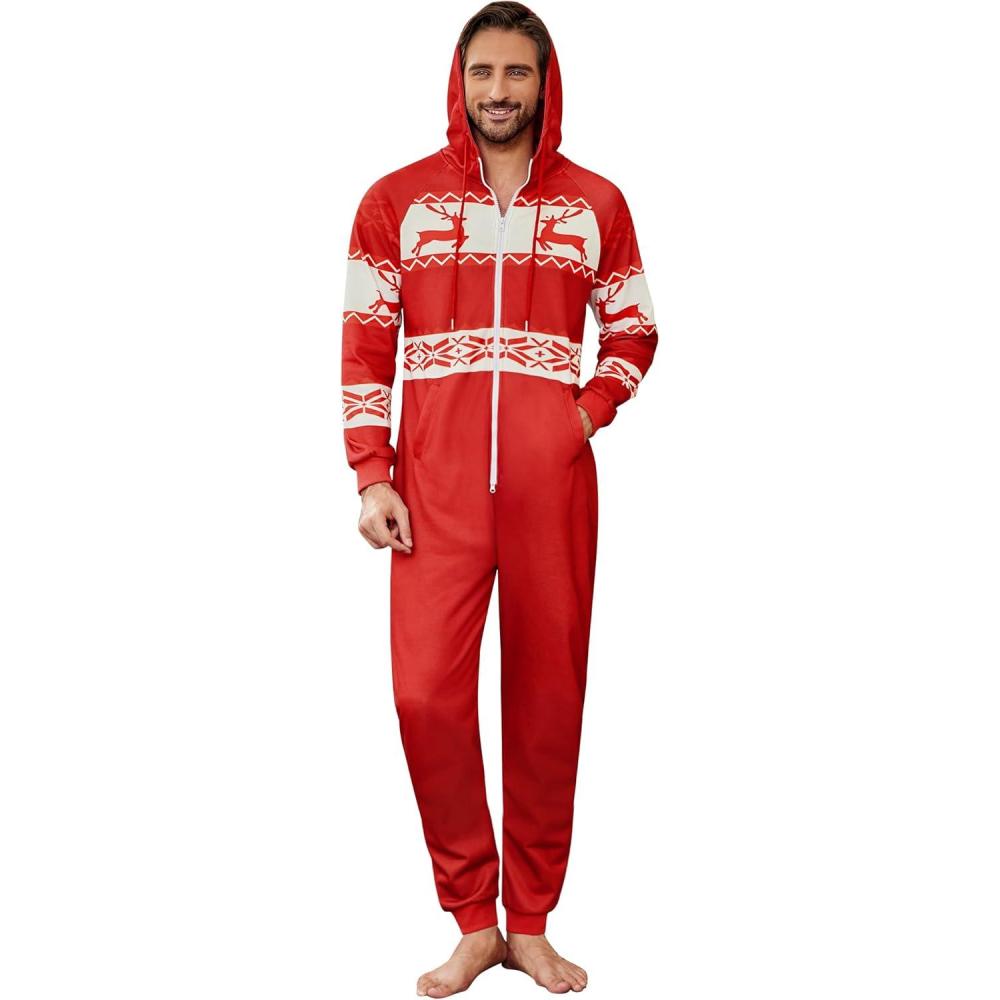 imageCOOFANDY Mens Jumpsuit Onesie Rompers Drawstring Hooded Full Zip One Piece Tracksuit with PocketsRed Elk