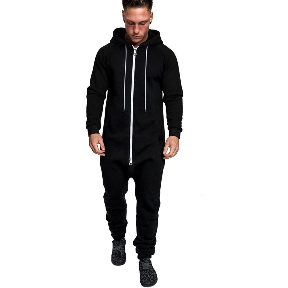 imageCOOFANDY Mens Jumpsuit Onesie Rompers Drawstring Hooded Full Zip One Piece Tracksuit with PocketsSolid Black