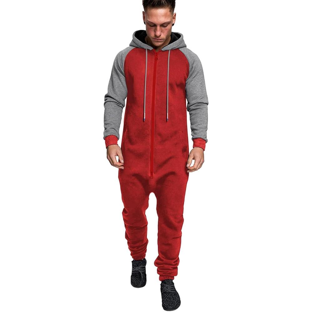 imageCOOFANDY Mens Jumpsuit Onesie Rompers Drawstring Hooded Full Zip One Piece Tracksuit with PocketsWine Red  Grey