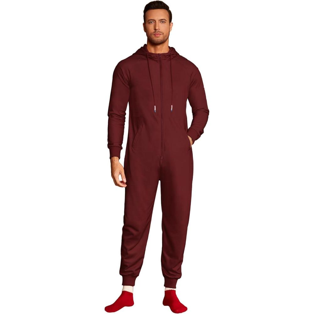 imageCOOFANDY Mens Jumpsuit Onesie Rompers Drawstring Hooded Full Zip One Piece Tracksuit with PocketsWine Red