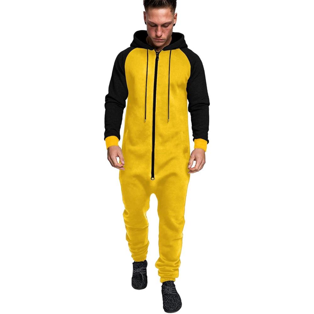 imageCOOFANDY Mens Jumpsuit Onesie Rompers Drawstring Hooded Full Zip One Piece Tracksuit with PocketsYellow
