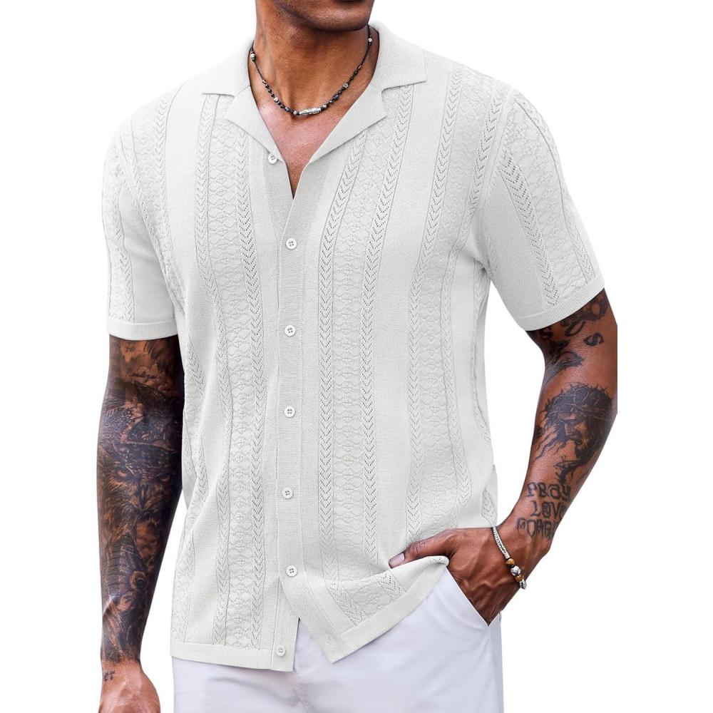 imageCOOFANDY Mens Knit Button Down Shirts Vintage Short Sleeve Casual Polo Shirt Regular Fit Beach Shirts White