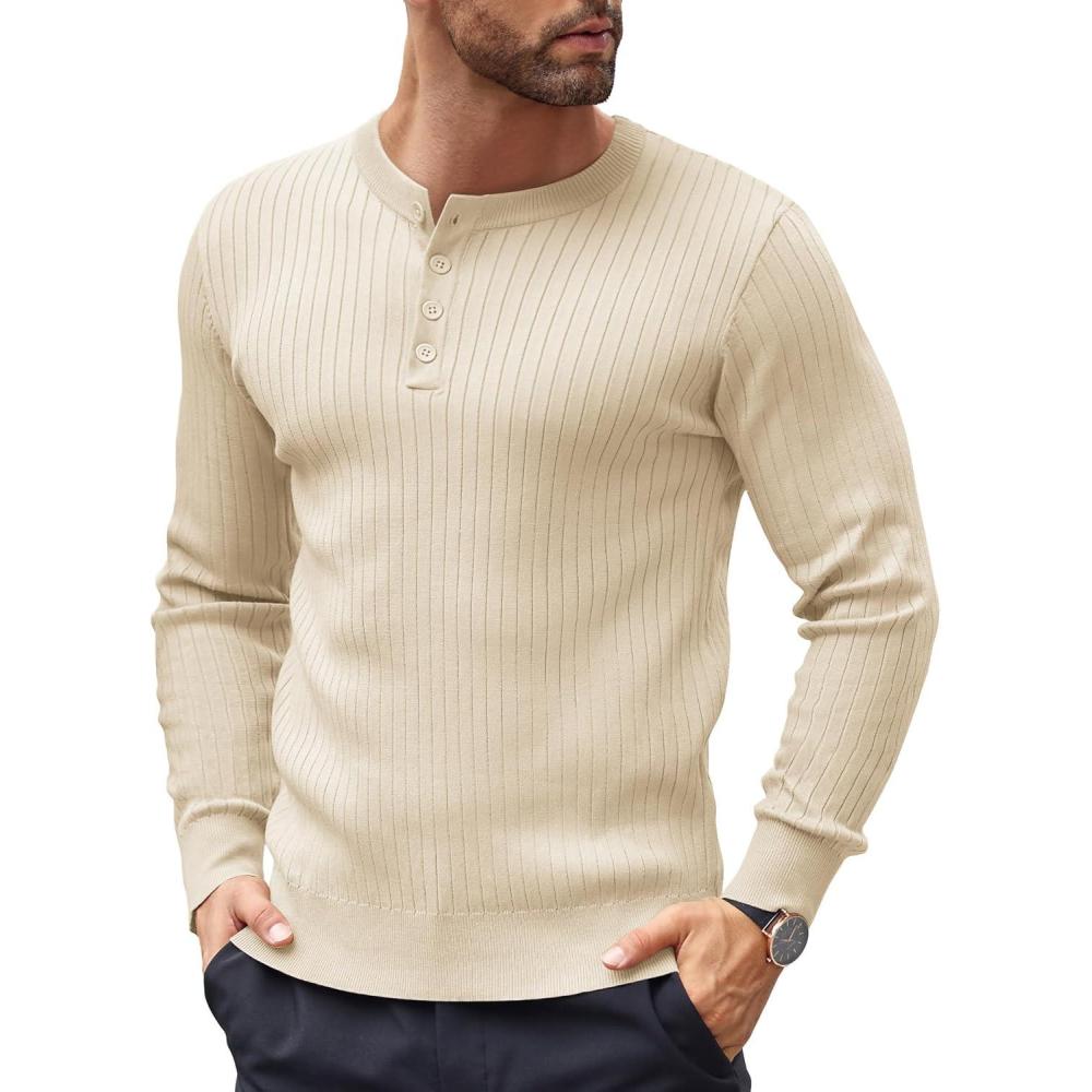 imageCOOFANDY Mens Knit Henley Sweater Long Sleeve Button Down Lightweight Sweater Fall Slim Fit Ribbed PulloverBeige