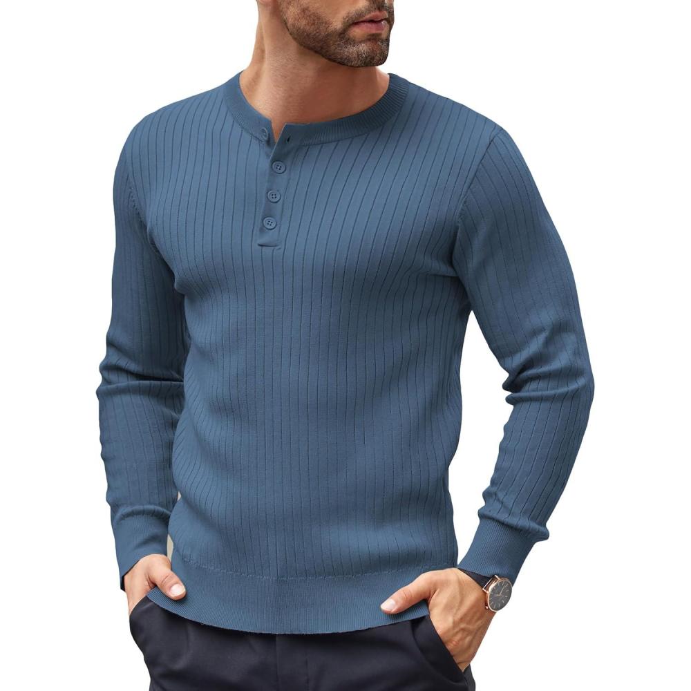 imageCOOFANDY Mens Knit Henley Sweater Long Sleeve Button Down Lightweight Sweater Fall Slim Fit Ribbed PulloverDenim Blue