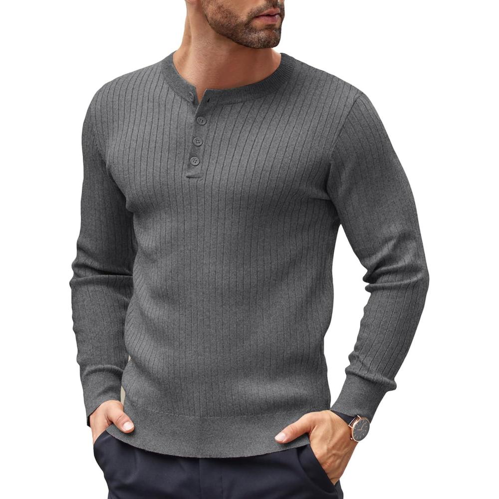 imageCOOFANDY Mens Knit Henley Sweater Long Sleeve Button Down Lightweight Sweater Fall Slim Fit Ribbed PulloverGrey