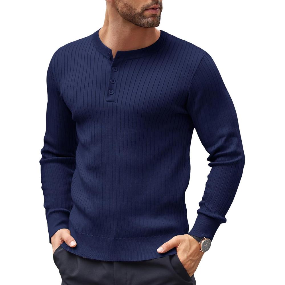 imageCOOFANDY Mens Knit Henley Sweater Long Sleeve Button Down Lightweight Sweater Fall Slim Fit Ribbed PulloverNavy Blue