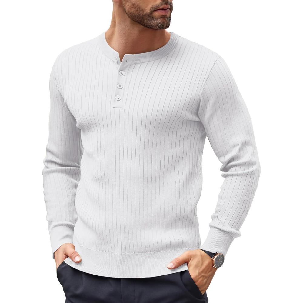imageCOOFANDY Mens Knit Henley Sweater Long Sleeve Button Down Lightweight Sweater Fall Slim Fit Ribbed PulloverWhite