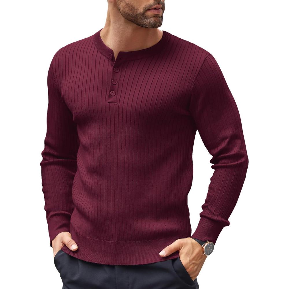 imageCOOFANDY Mens Knit Henley Sweater Long Sleeve Button Down Lightweight Sweater Fall Slim Fit Ribbed PulloverWine Red