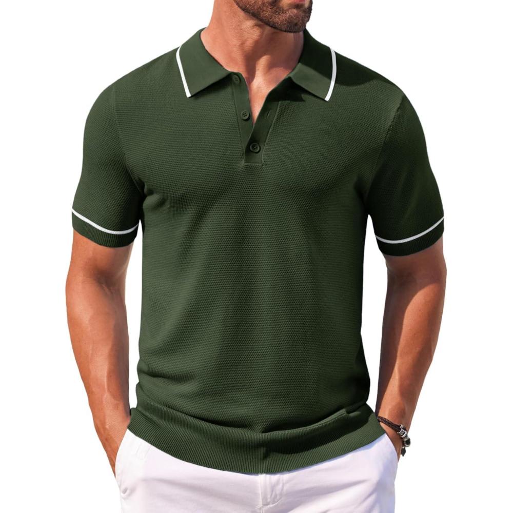 imageCOOFANDY Mens Knit Polo Shirts Casual Short Sleeve Button Down Shirts Crochet Classic Golf Polo Collared ShirtsArmy Green