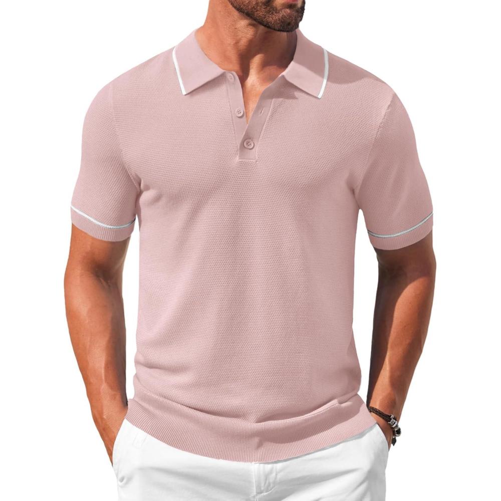 imageCOOFANDY Mens Knit Polo Shirts Casual Short Sleeve Button Down Shirts Crochet Classic Golf Polo Collared ShirtsBright Pink