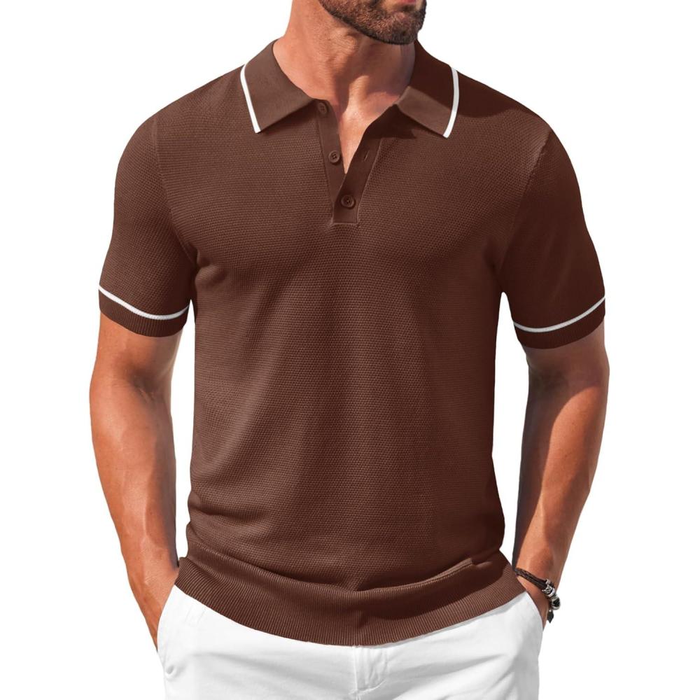 imageCOOFANDY Mens Knit Polo Shirts Casual Short Sleeve Button Down Shirts Crochet Classic Golf Polo Collared ShirtsBrown