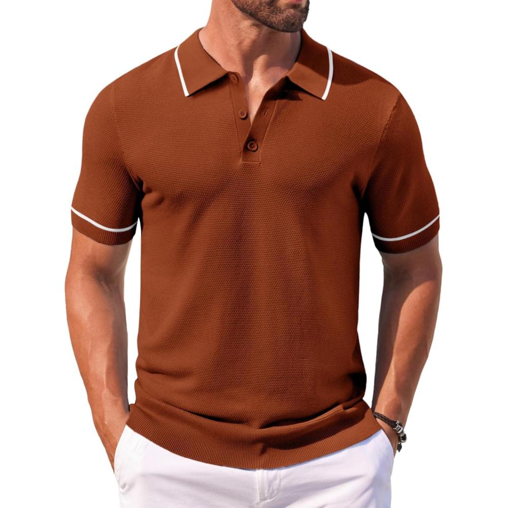 imageCOOFANDY Mens Knit Polo Shirts Casual Short Sleeve Button Down Shirts Crochet Classic Golf Polo Collared ShirtsCaramel