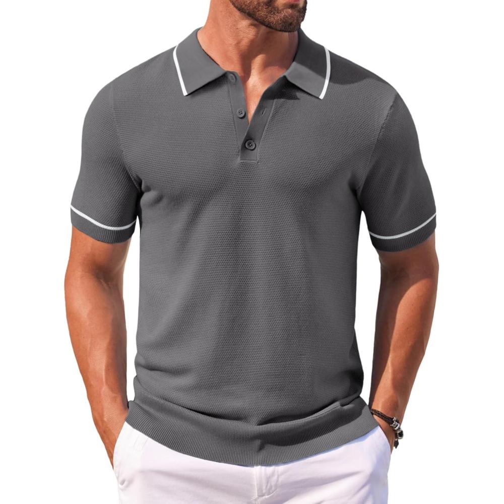 imageCOOFANDY Mens Knit Polo Shirts Casual Short Sleeve Button Down Shirts Crochet Classic Golf Polo Collared ShirtsDark Grey