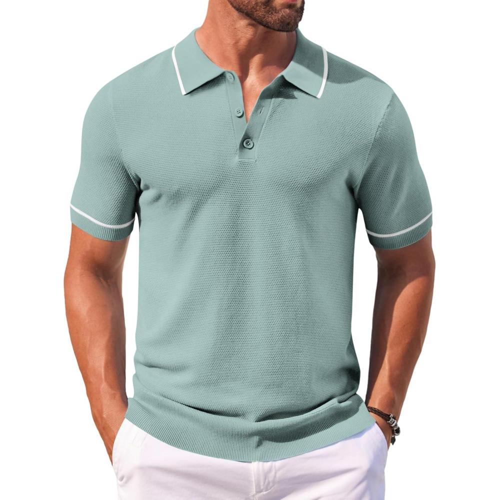 imageCOOFANDY Mens Knit Polo Shirts Casual Short Sleeve Button Down Shirts Crochet Classic Golf Polo Collared ShirtsIce Green