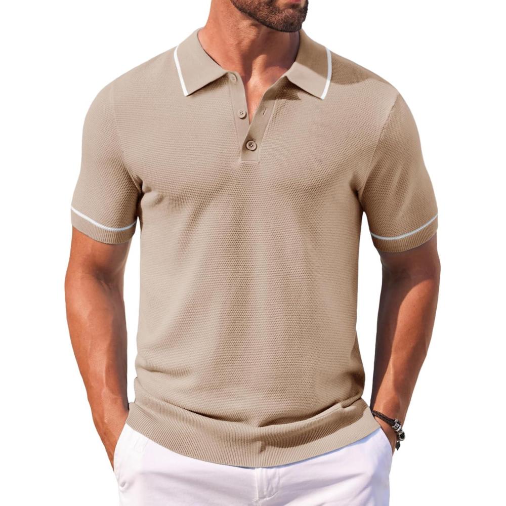 imageCOOFANDY Mens Knit Polo Shirts Casual Short Sleeve Button Down Shirts Crochet Classic Golf Polo Collared ShirtsKhaki