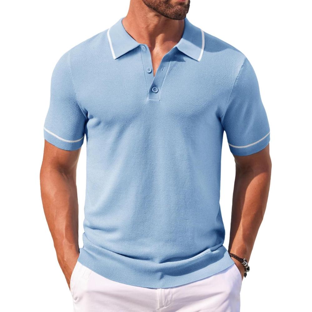 imageCOOFANDY Mens Knit Polo Shirts Casual Short Sleeve Button Down Shirts Crochet Classic Golf Polo Collared ShirtsLight Blue