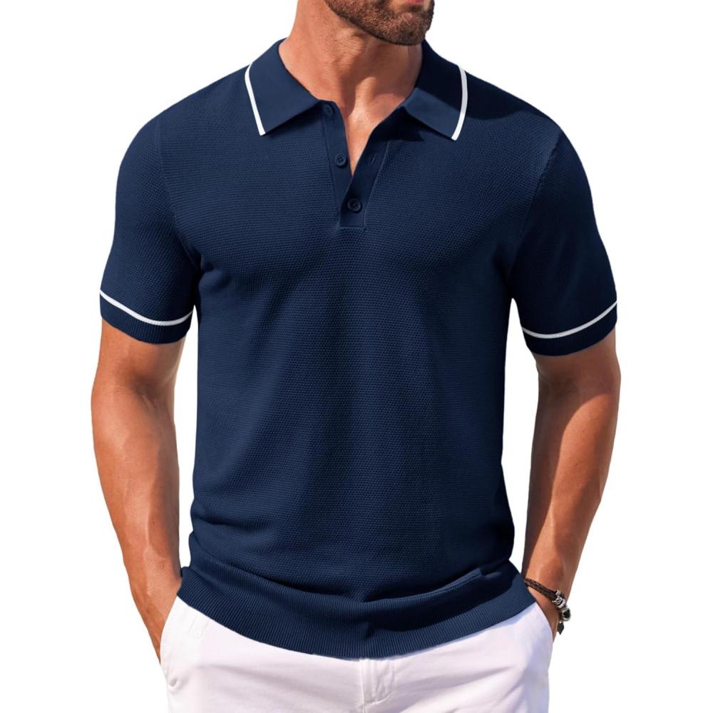 imageCOOFANDY Mens Knit Polo Shirts Casual Short Sleeve Button Down Shirts Crochet Classic Golf Polo Collared ShirtsNavy Blue