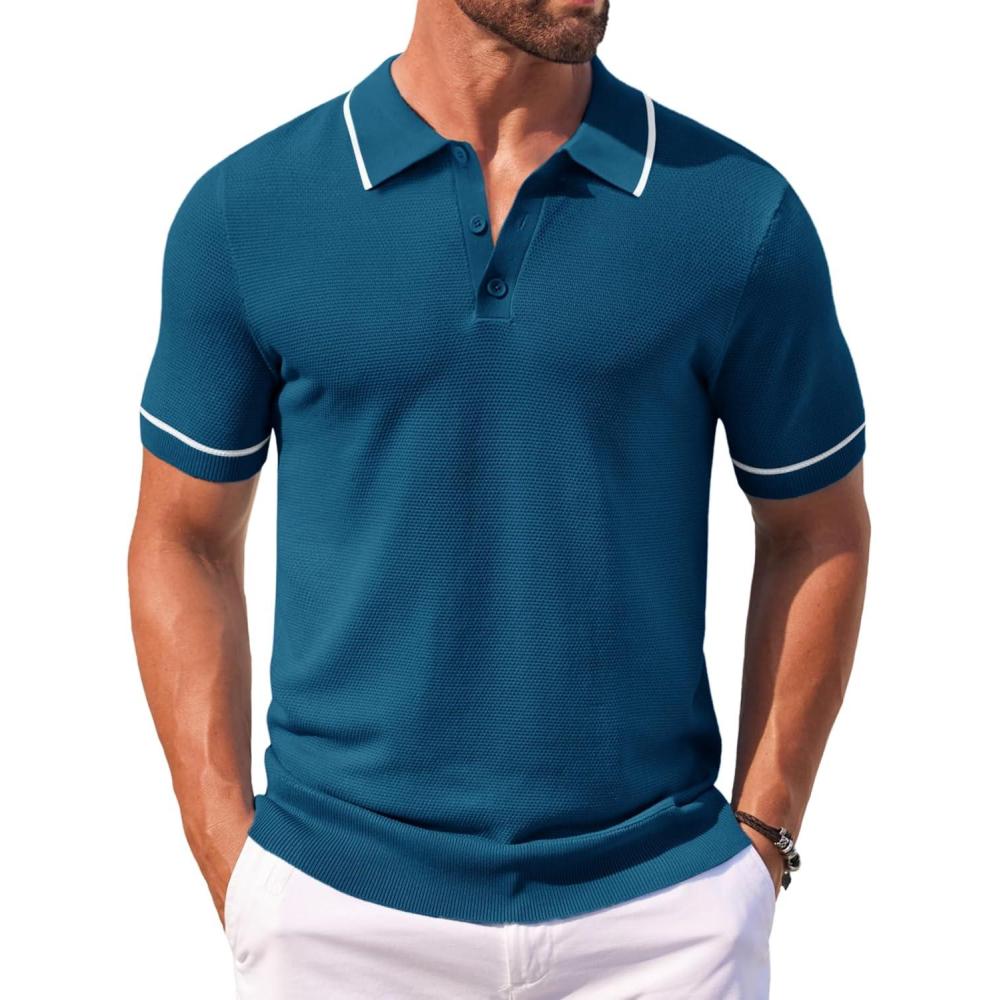 imageCOOFANDY Mens Knit Polo Shirts Casual Short Sleeve Button Down Shirts Crochet Classic Golf Polo Collared ShirtsRoyal Blue