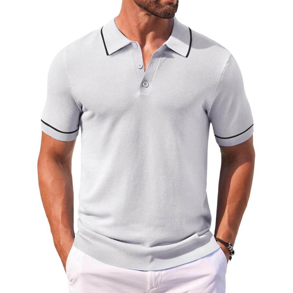 imageCOOFANDY Mens Knit Polo Shirts Casual Short Sleeve Button Down Shirts Crochet Classic Golf Polo Collared ShirtsWhite