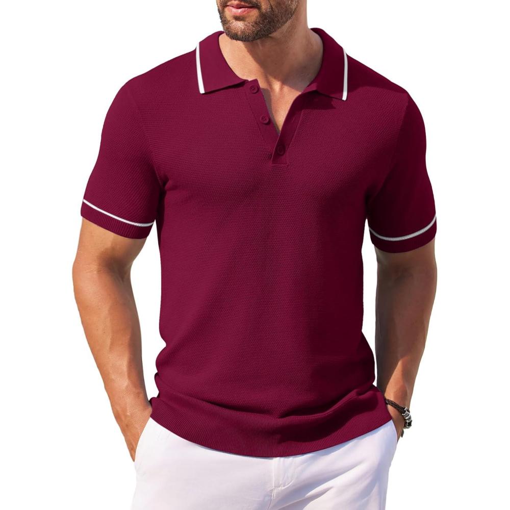 imageCOOFANDY Mens Knit Polo Shirts Casual Short Sleeve Button Down Shirts Crochet Classic Golf Polo Collared ShirtsWine Red