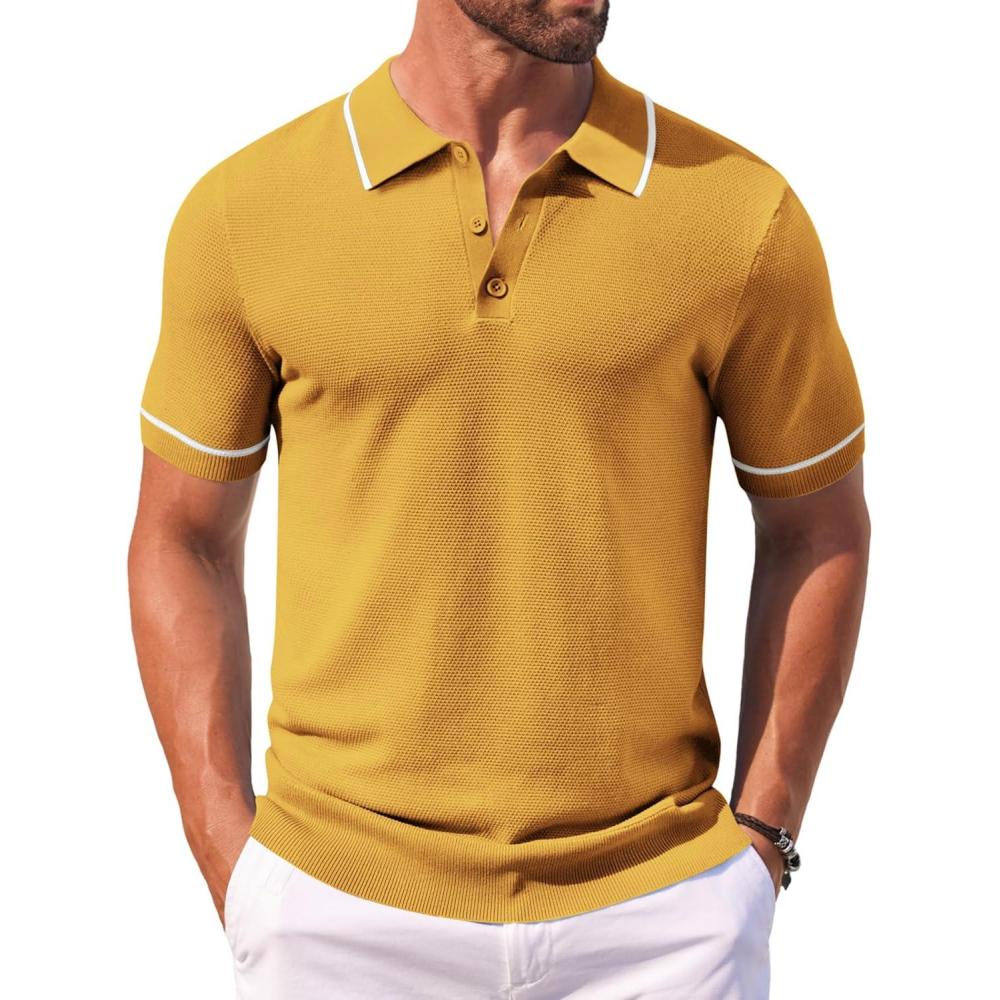 imageCOOFANDY Mens Knit Polo Shirts Casual Short Sleeve Button Down Shirts Crochet Classic Golf Polo Collared ShirtsYellow