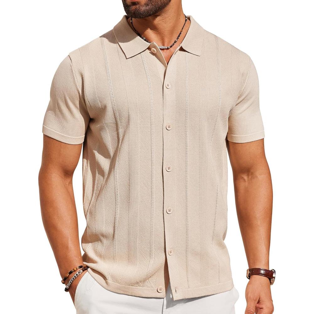 imageCOOFANDY Mens Knit Shirt Short Sleeve Button Down Shirts Casual Summer Beach Vintage Polo Shirts Cream