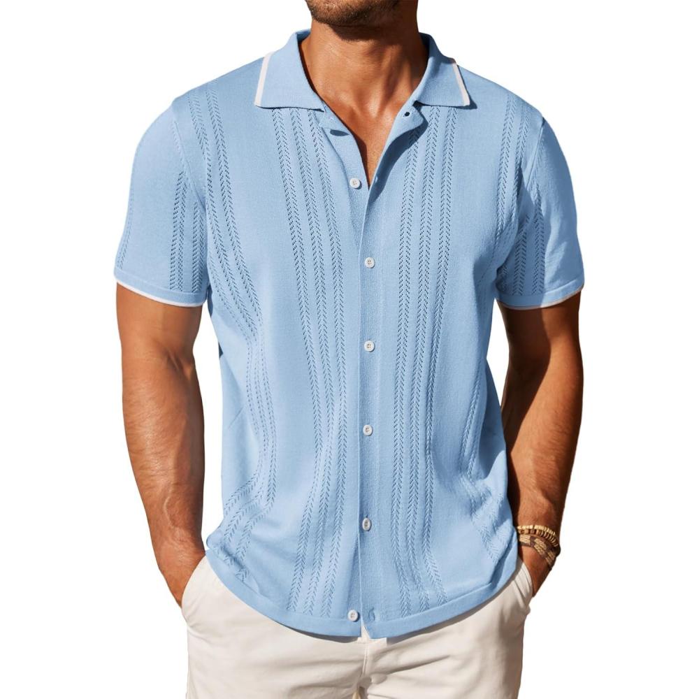 imageCOOFANDY Mens Knit Shirts Short Sleeve Button Down Polo Shirt Fashion Casual Summer Beach ShirtsClear Blue