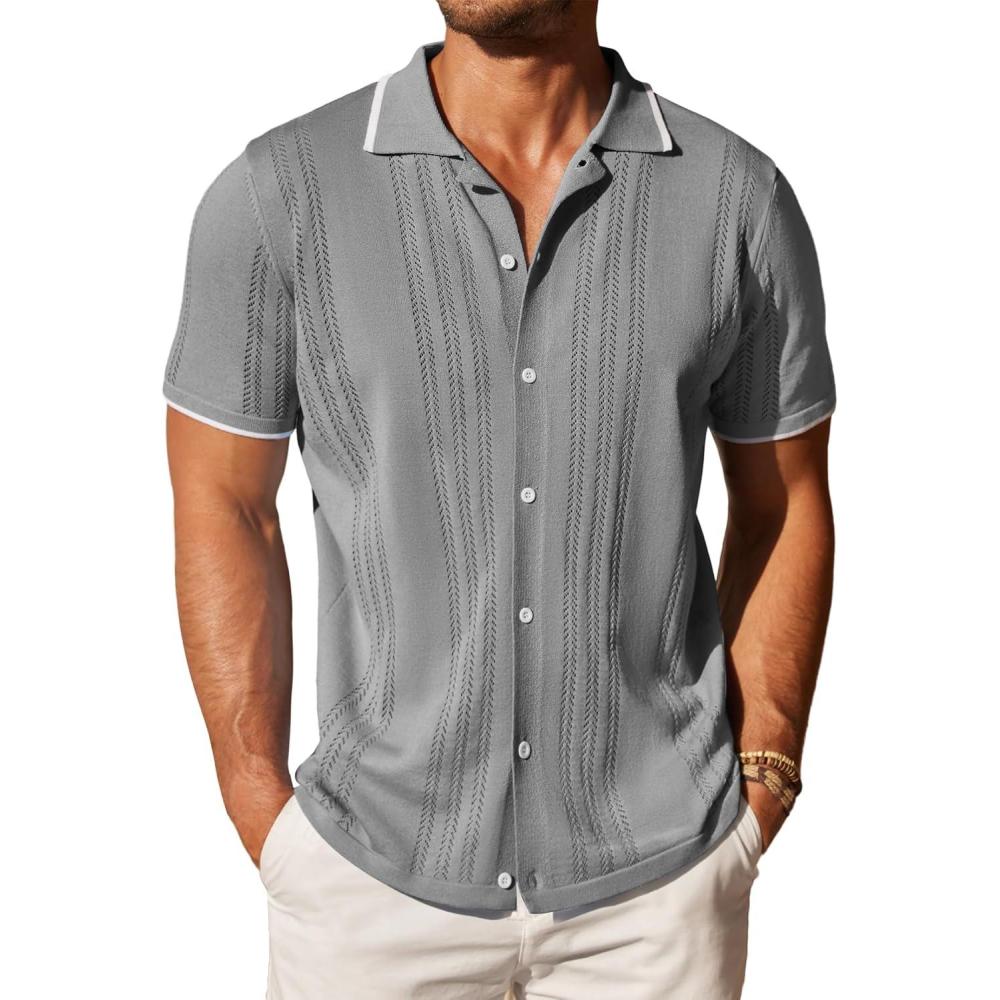 imageCOOFANDY Mens Knit Shirts Short Sleeve Button Down Polo Shirt Fashion Casual Summer Beach ShirtsDark Grey