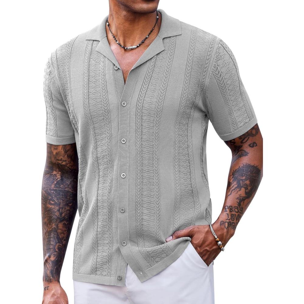 imageCOOFANDY Mens Knit Shirts Short Sleeve Button Down Polo Shirt Fashion Casual Summer Beach ShirtsLight Gray