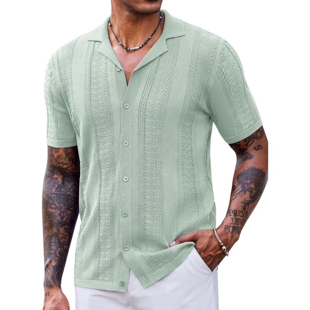 imageCOOFANDY Mens Knit Shirts Short Sleeve Button Down Polo Shirt Fashion Casual Summer Beach ShirtsLight Green