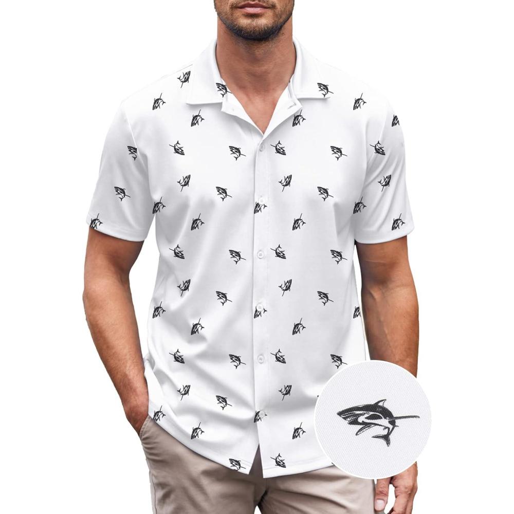 imageCOOFANDY Mens Knit Shirts Short Sleeve Button Down Polo Shirt Fashion Casual Summer Beach ShirtsWhite Full Shark