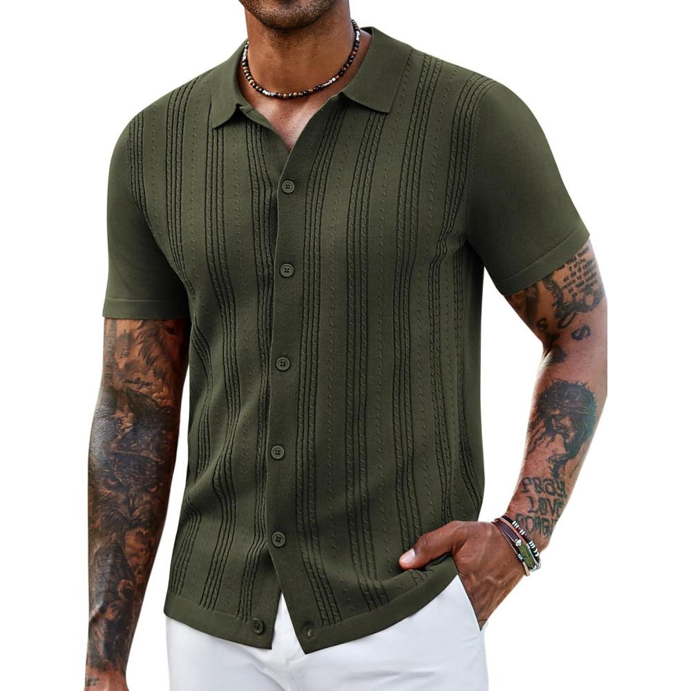 imageCOOFANDY Mens Knit Shirts Short Sleeve Casual Button Down Polo Shirt Summer Beach Vacation ShirtsArmy Green