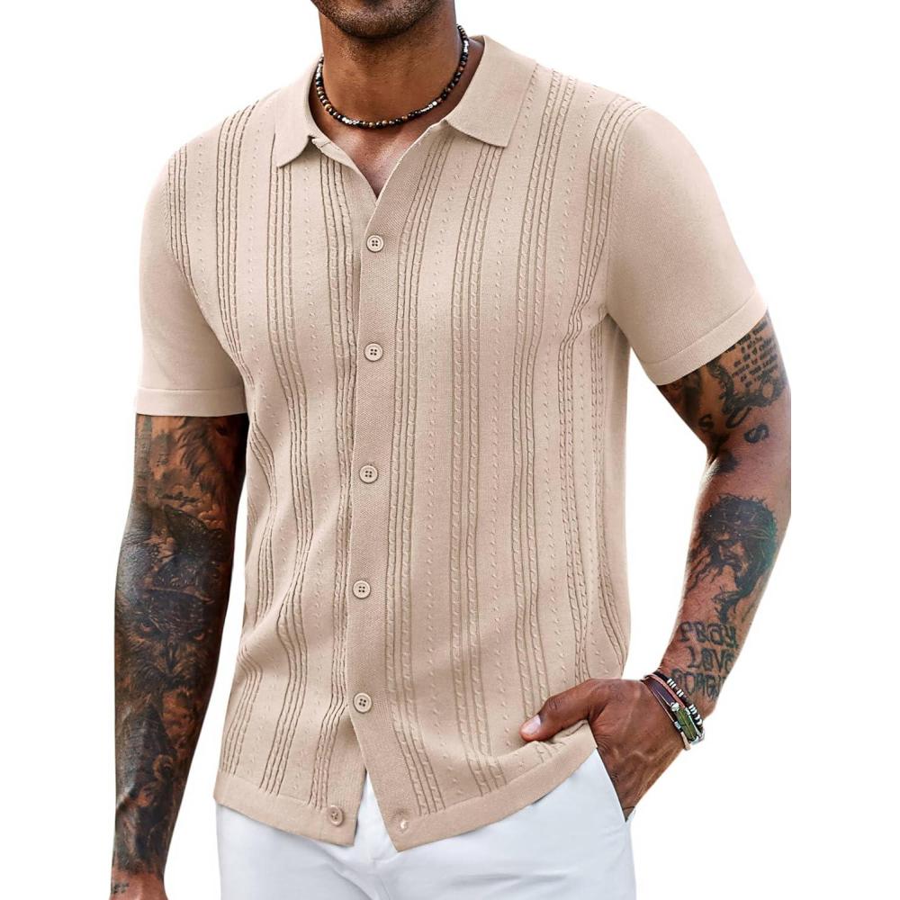 imageCOOFANDY Mens Knit Shirts Short Sleeve Casual Button Down Polo Shirt Summer Beach Vacation ShirtsBeige