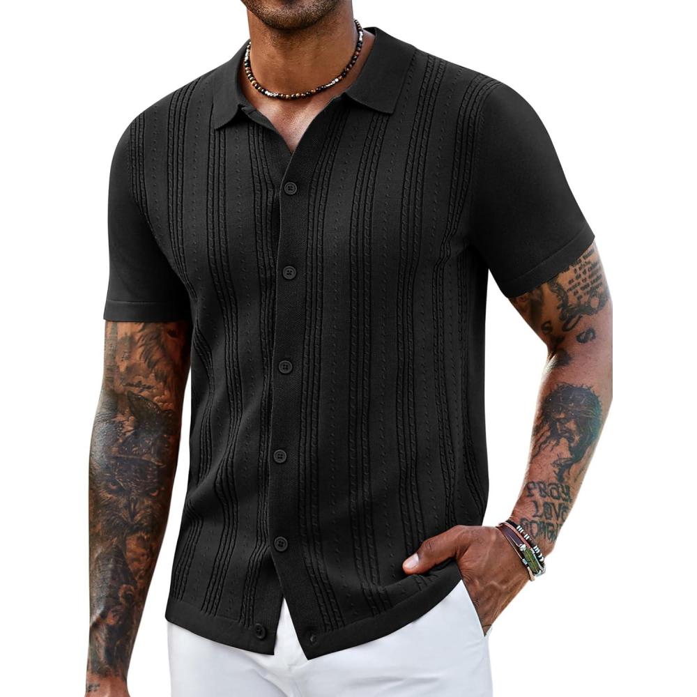 imageCOOFANDY Mens Knit Shirts Short Sleeve Casual Button Down Polo Shirt Summer Beach Vacation ShirtsBlack